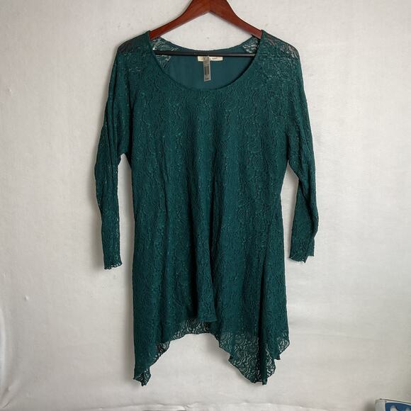 Indigo Soul Paisley Three Quarter Sleeve Asymmetrical Lace Tunic Teal XLarge NWT - Picture 2 of 10